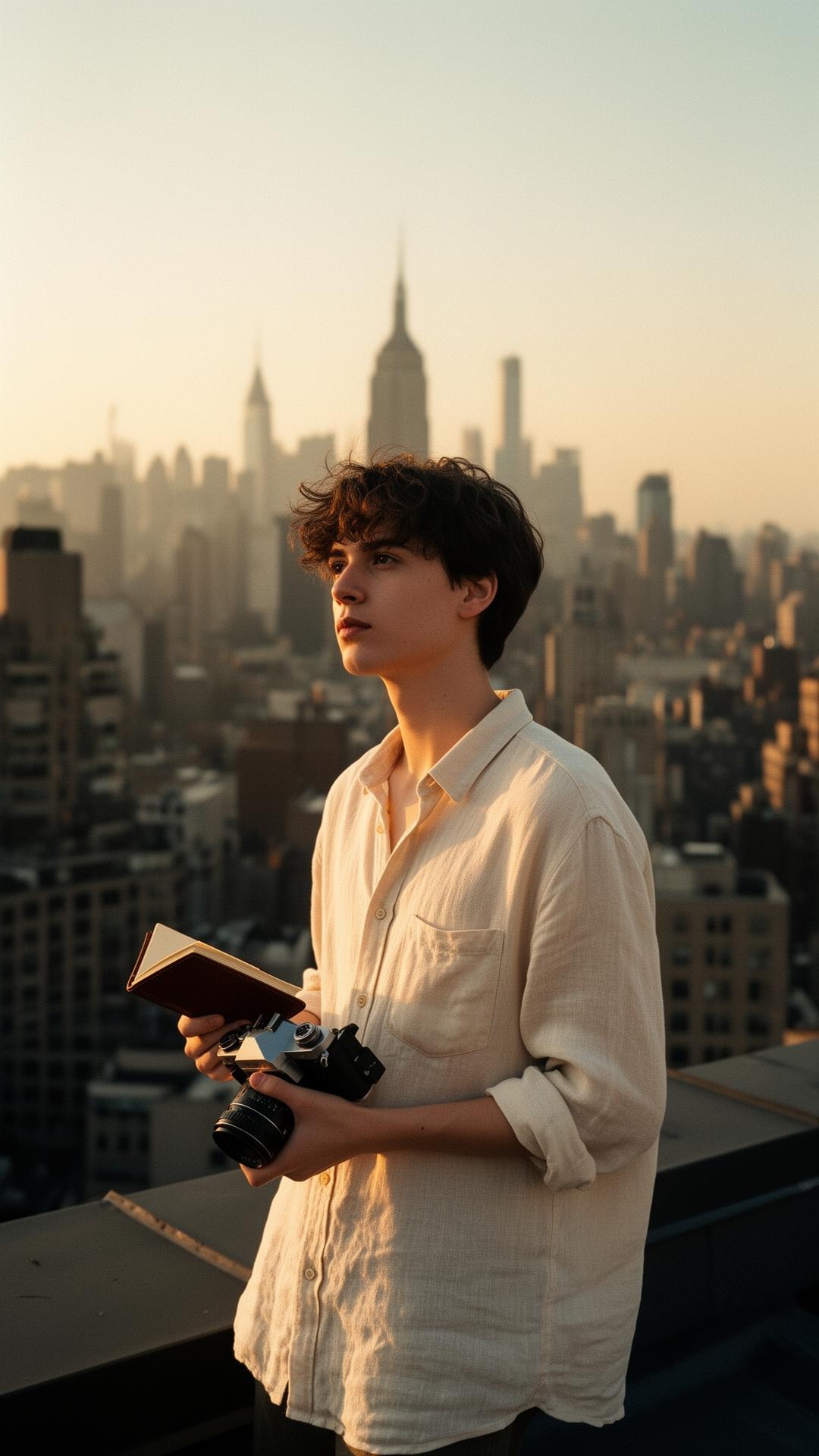 Junger Creator mit Notizbuch und Kamera vor einer Skyline bei Sonnenuntergang